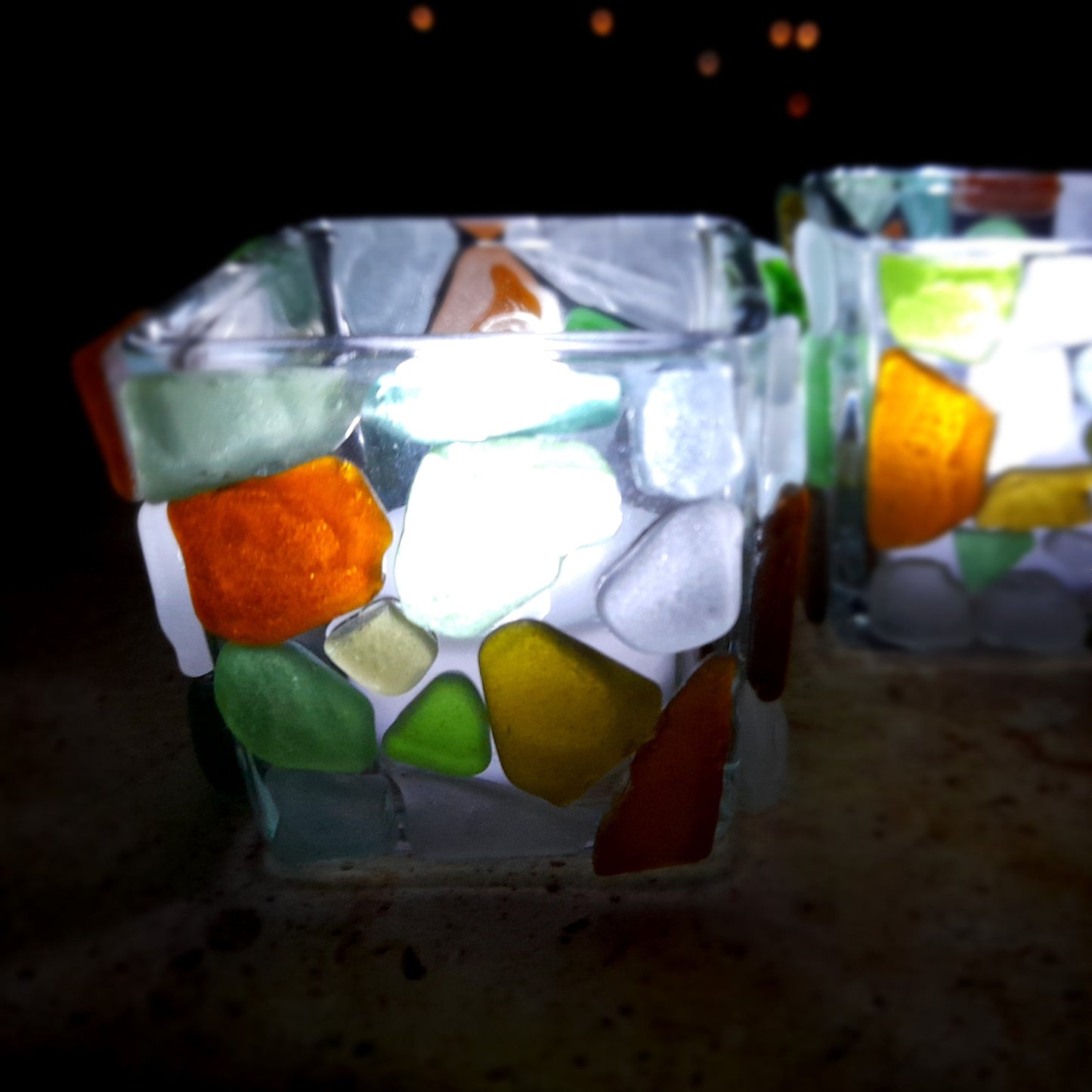Multi Colour Sea Glass Tea Light Holders.