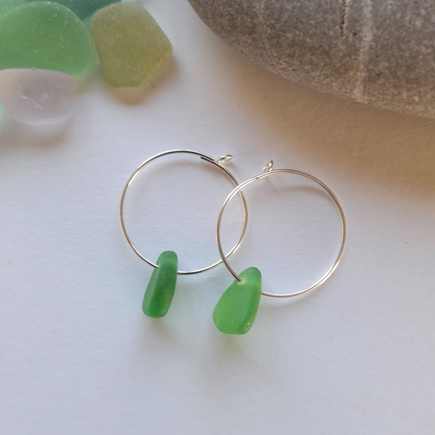 Green Sea Glass and Silver Hoops.
