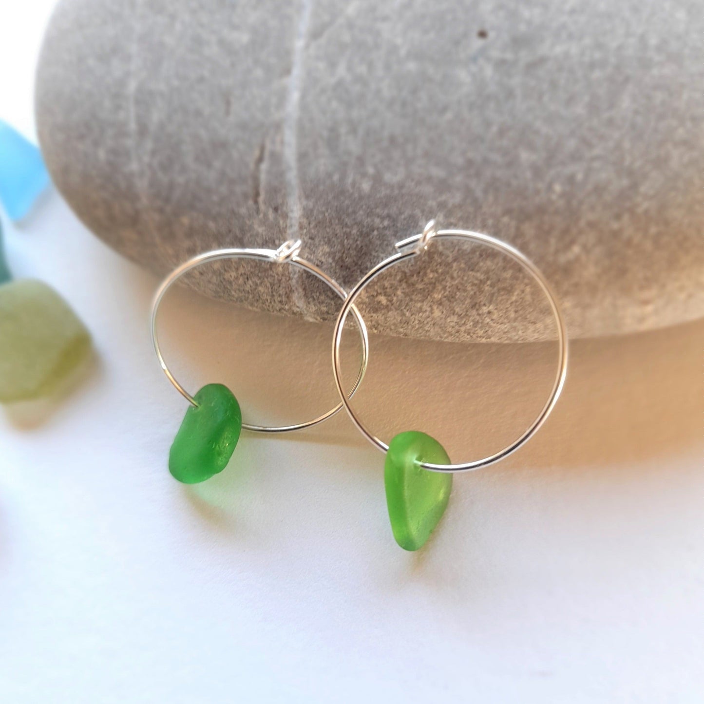 Green Sea Glass and Silver Hoops.