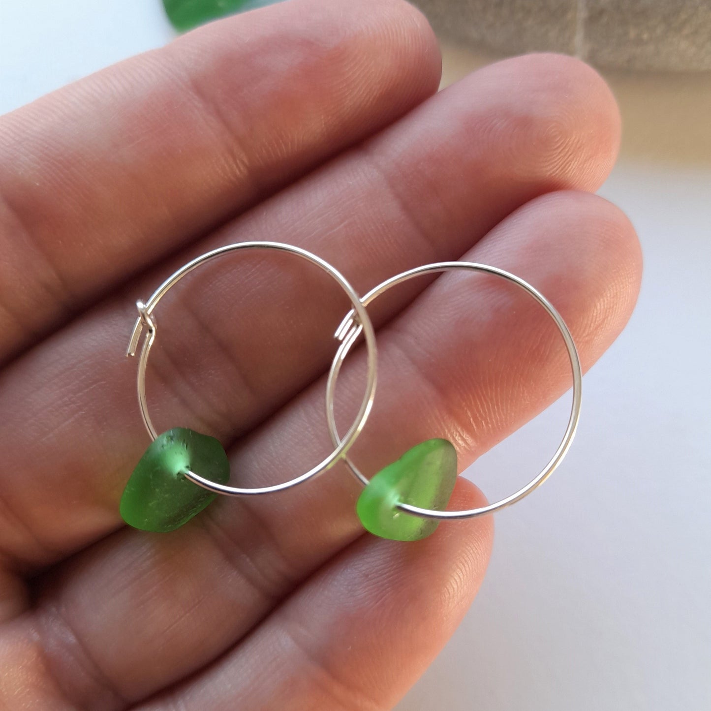 Green Sea Glass and Silver Hoops.