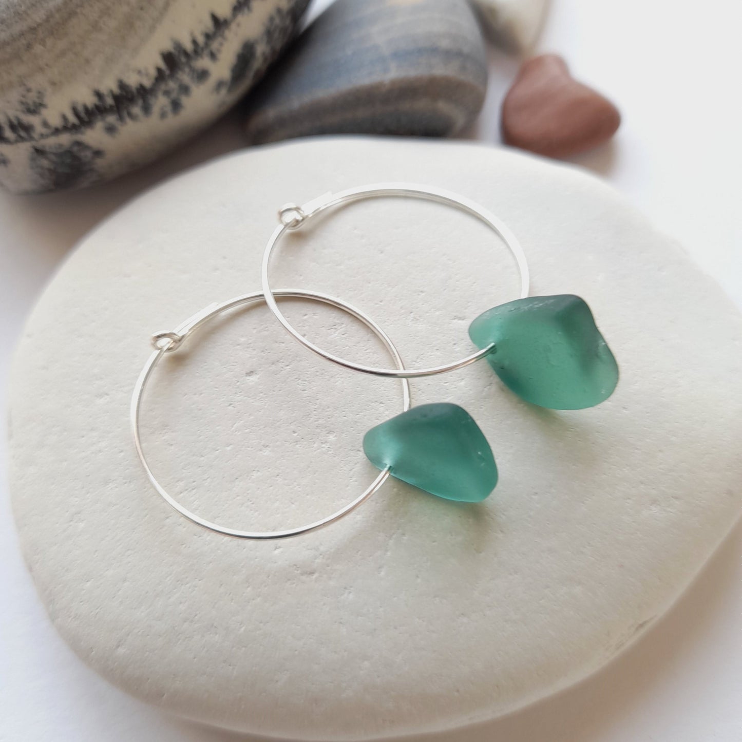Teal Sea Glass Silver Hoops