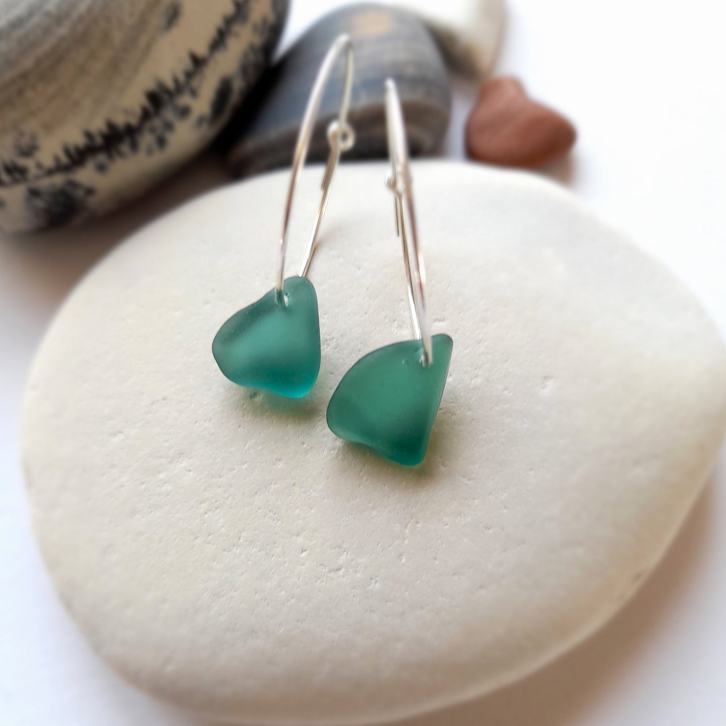 Teal Sea Glass and Silver Hoops.