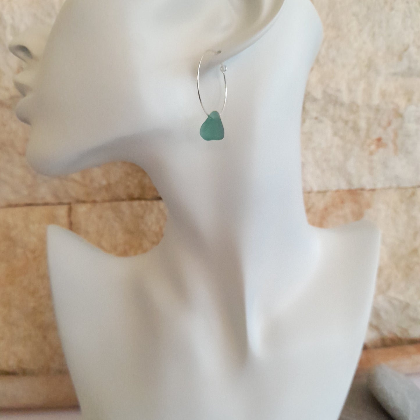 Teal Sea Glass and Silver Hoops.