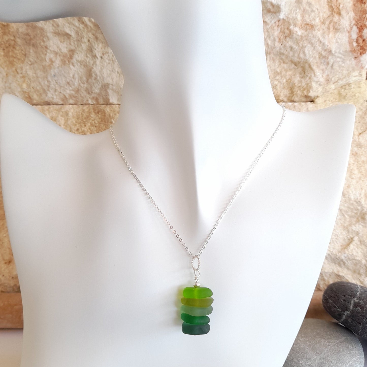Shades of Green Sea Glass Stack Necklace.