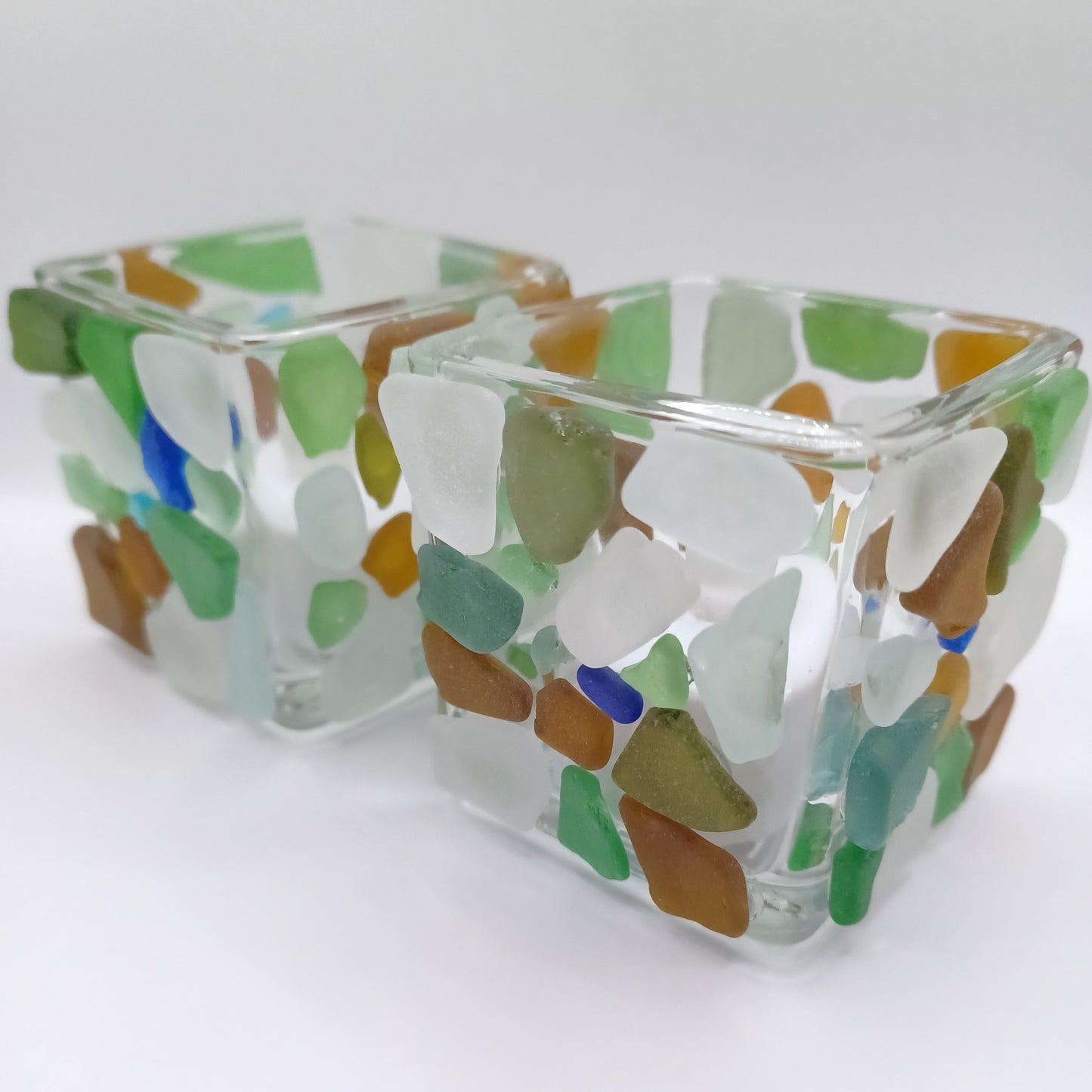 Multi Colour Sea Glass Tea Light Holders.