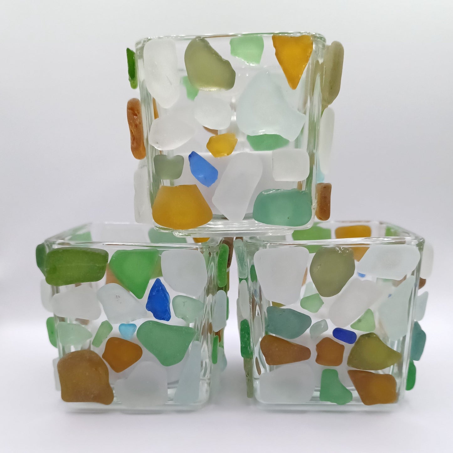 Multi Colour Sea Glass Tea Light Holders.