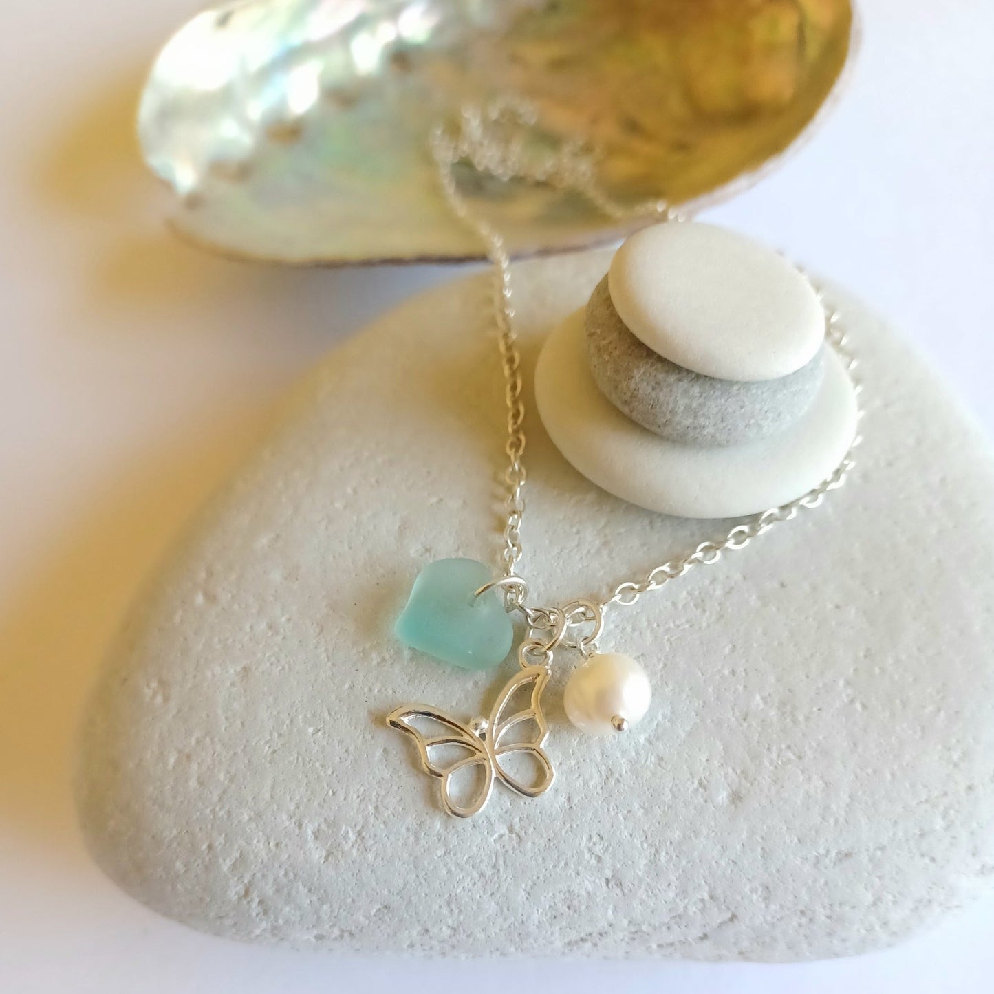 Sea Glass, Pearl and Silver Butterfly Necklace.