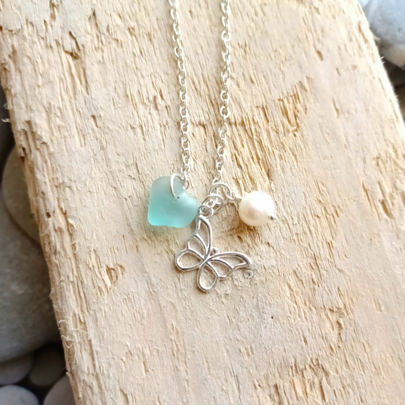 Sea Glass, Pearl and Silver Butterfly Necklace.