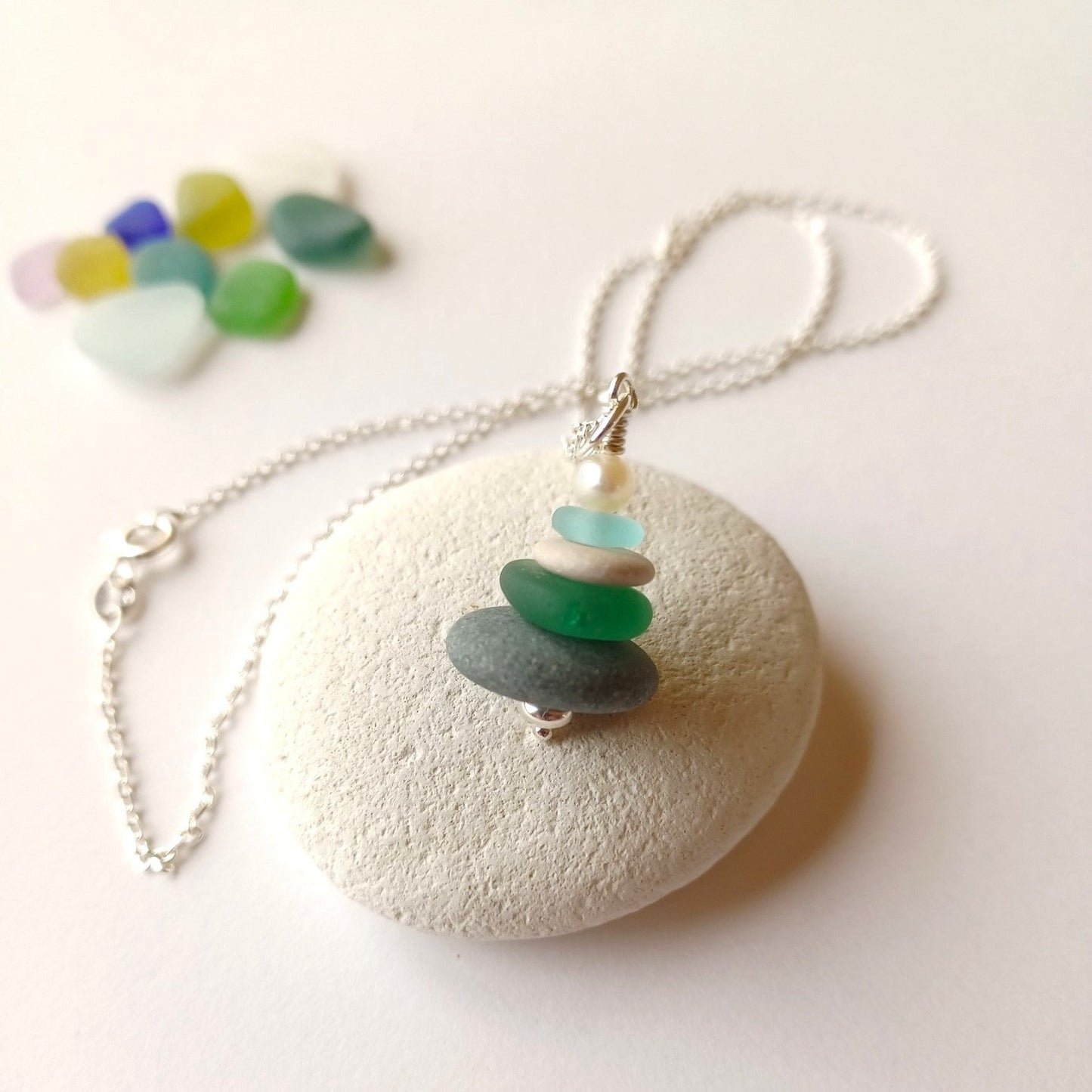 Sea Glass, Pebble and Pearl Stack Necklace.