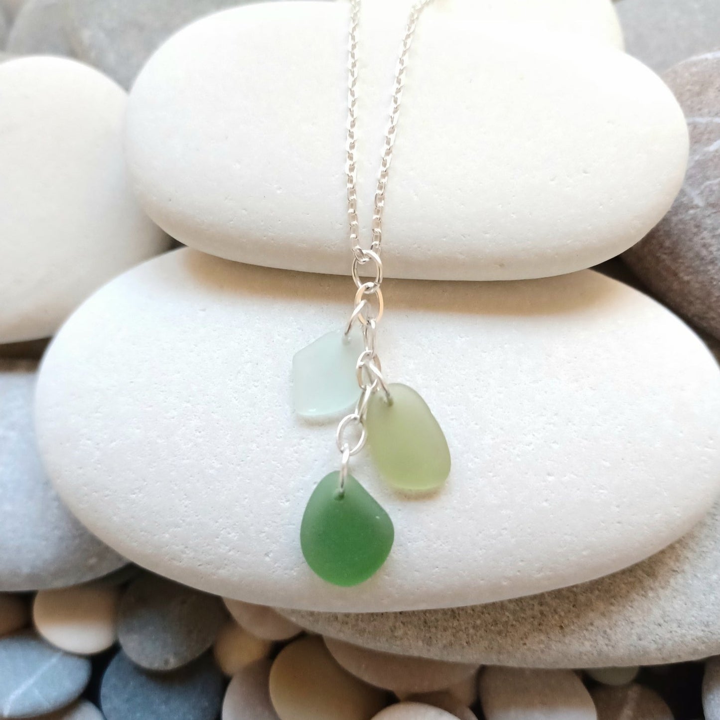 Shades of Green Sea Glass Cascade Necklace.