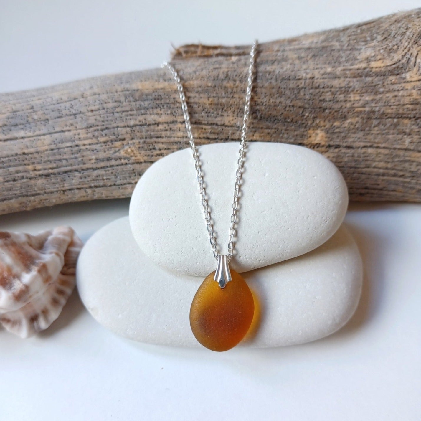 Honey Brown Sea Glass Necklace.