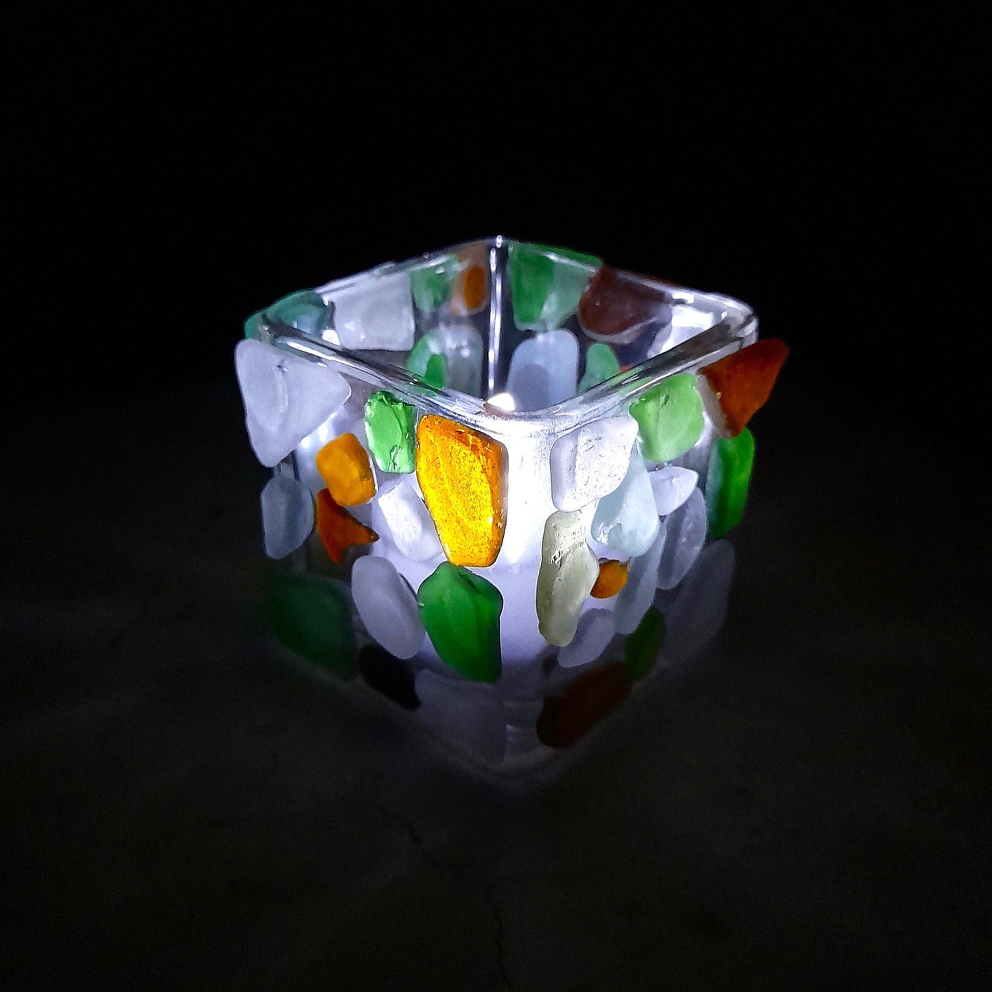 Multi Colour Sea Glass Tea Light Holders.