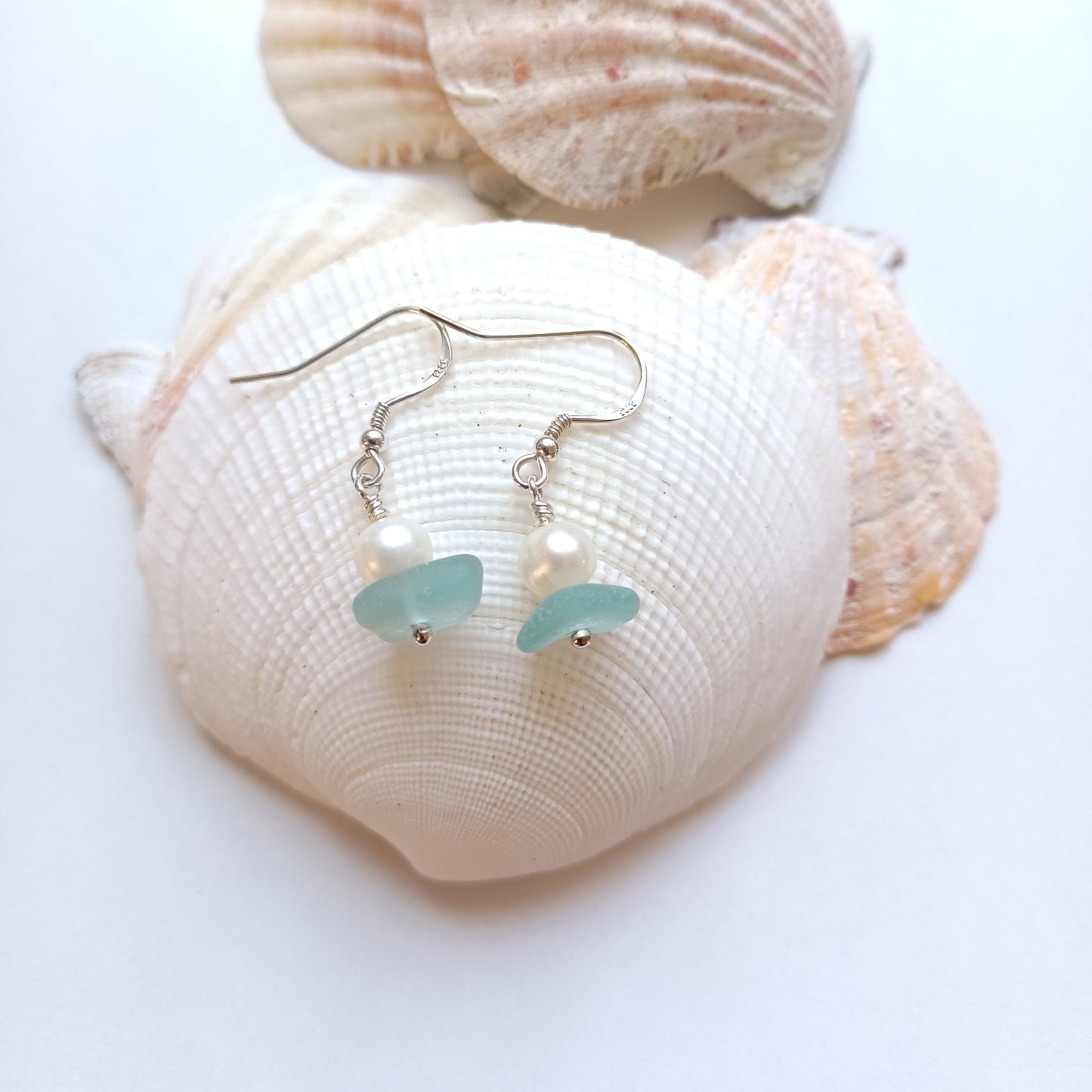 Sea Glass and Pearl Silver Earrings.