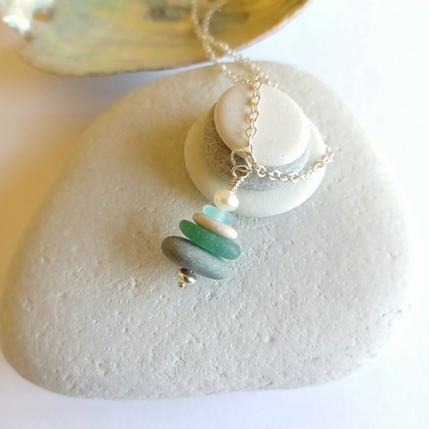 Sea Glass, Pebble and Pearl Stack Necklace.