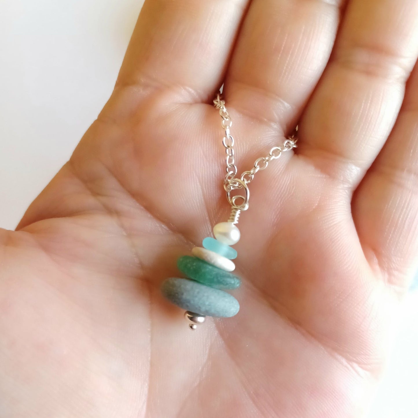 Sea Glass, Pebble and Pearl Stack Necklace.