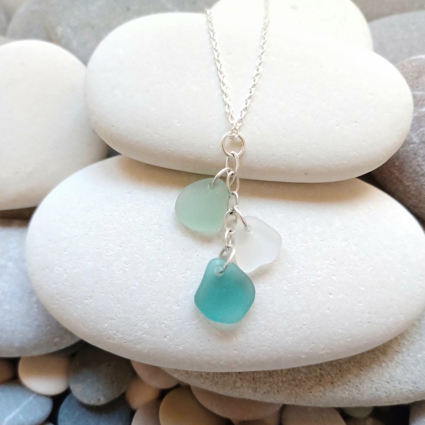 Shades of Blue and Turquoise Sea Glass Cascade Necklace.