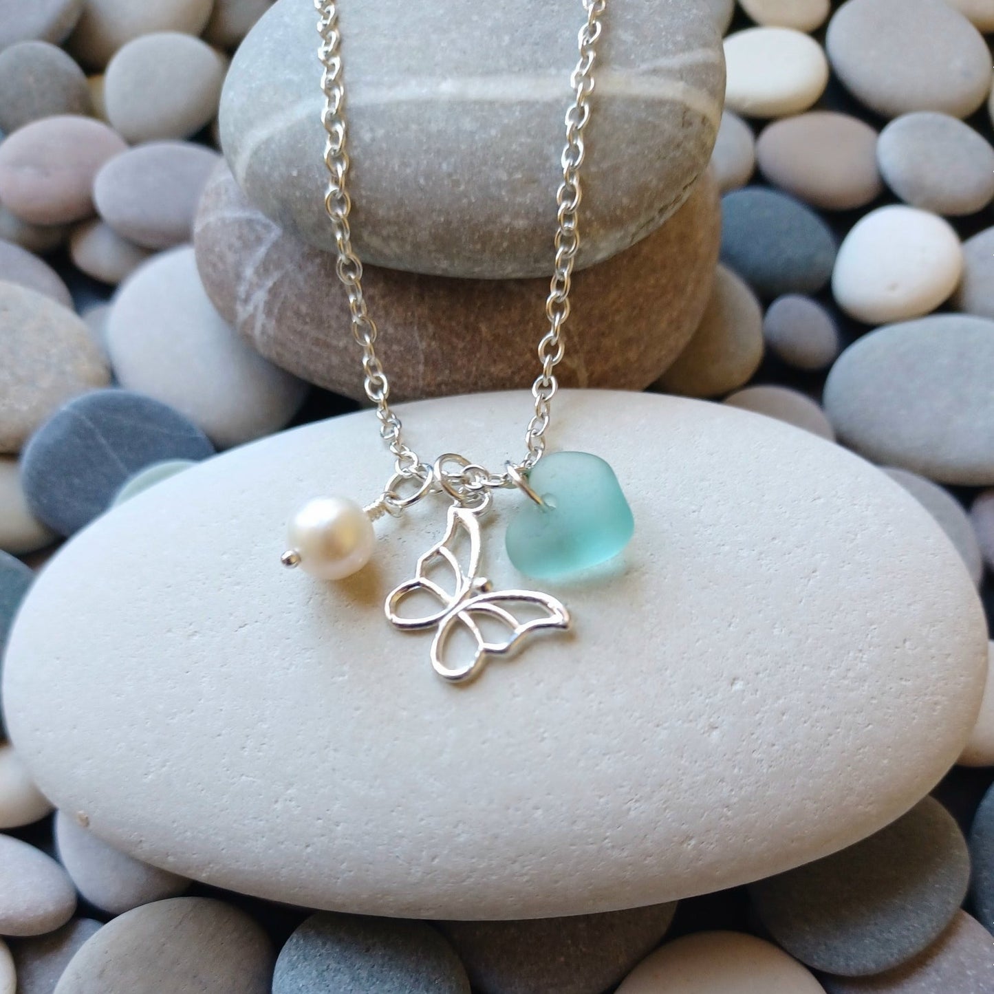 Sea Glass, Pearl and Silver Butterfly Necklace.