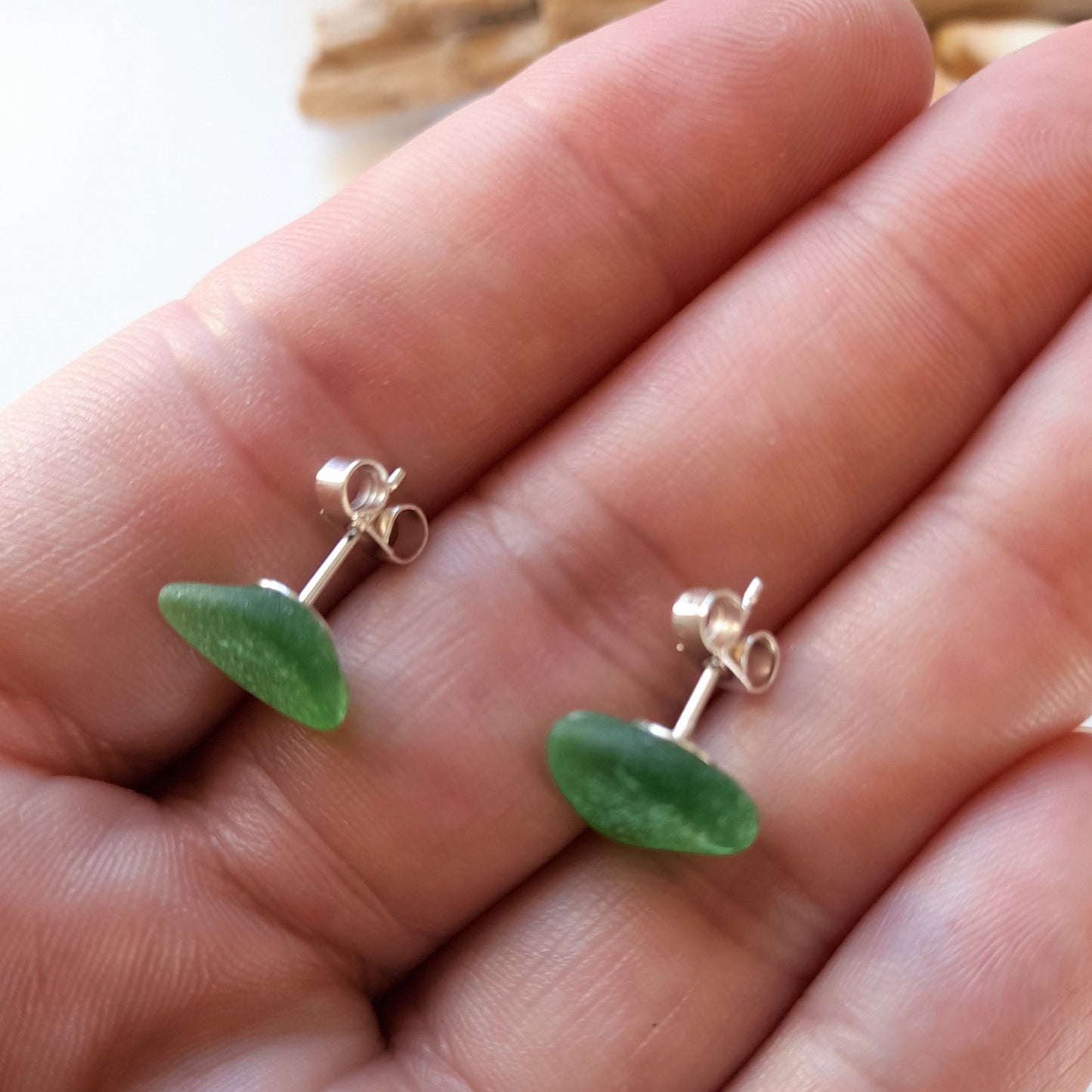 Green Sea Glass Stud Earrings.