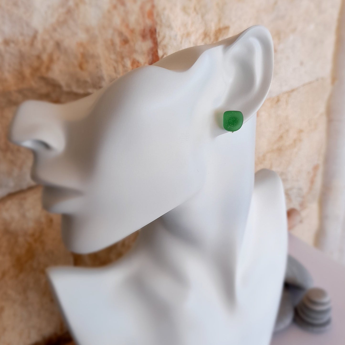 Green Sea Glass Stud Earrings.