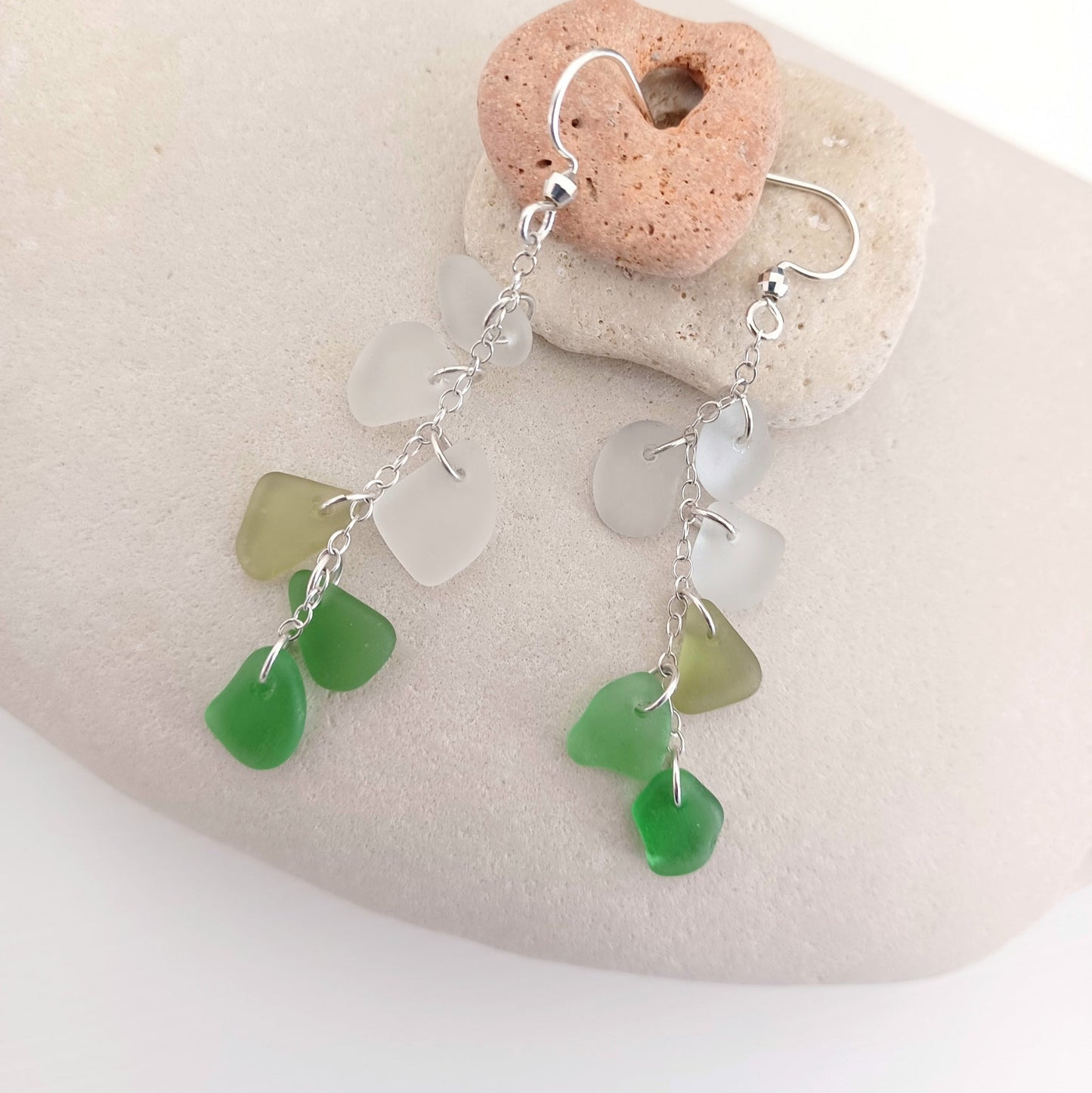 White and Green Sea Glass Cascade Earrings.