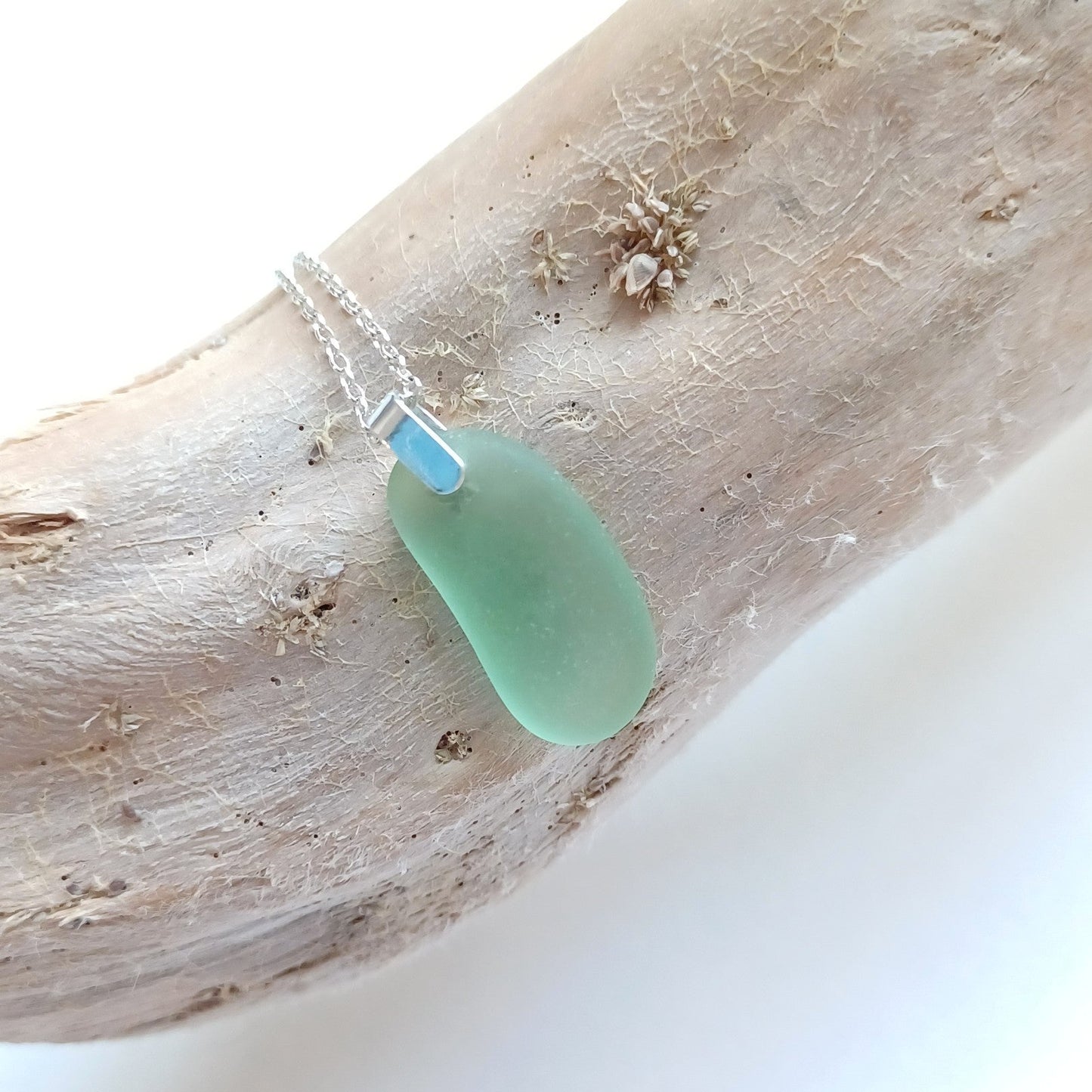 Sage Green sea glass silver necklace.