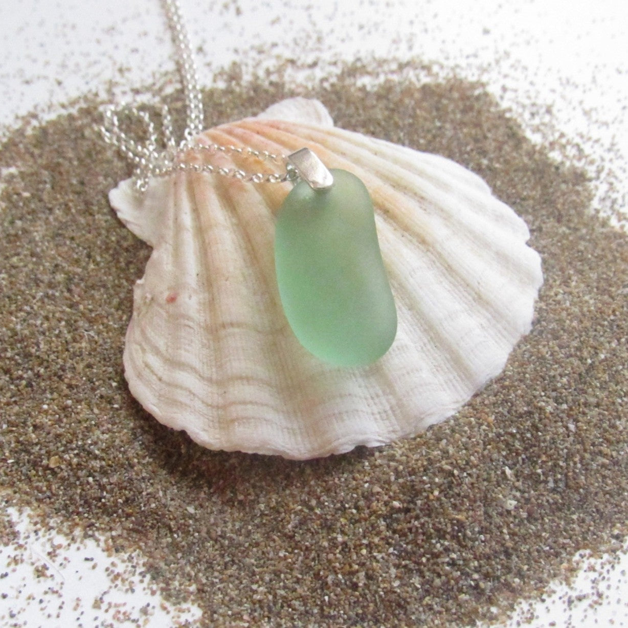 Sage Green sea glass silver necklace.