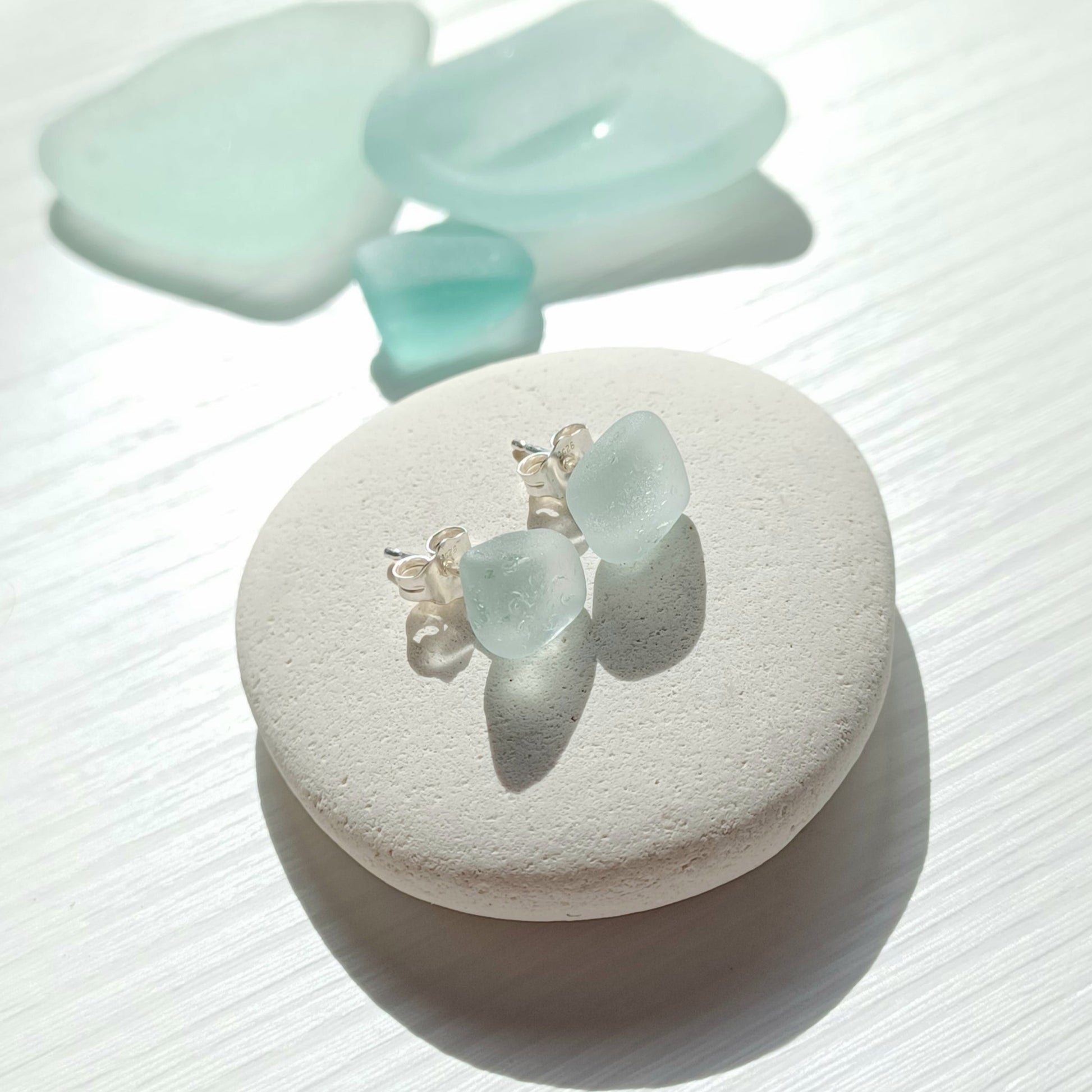 Sea foam sea glass silver earring studs.