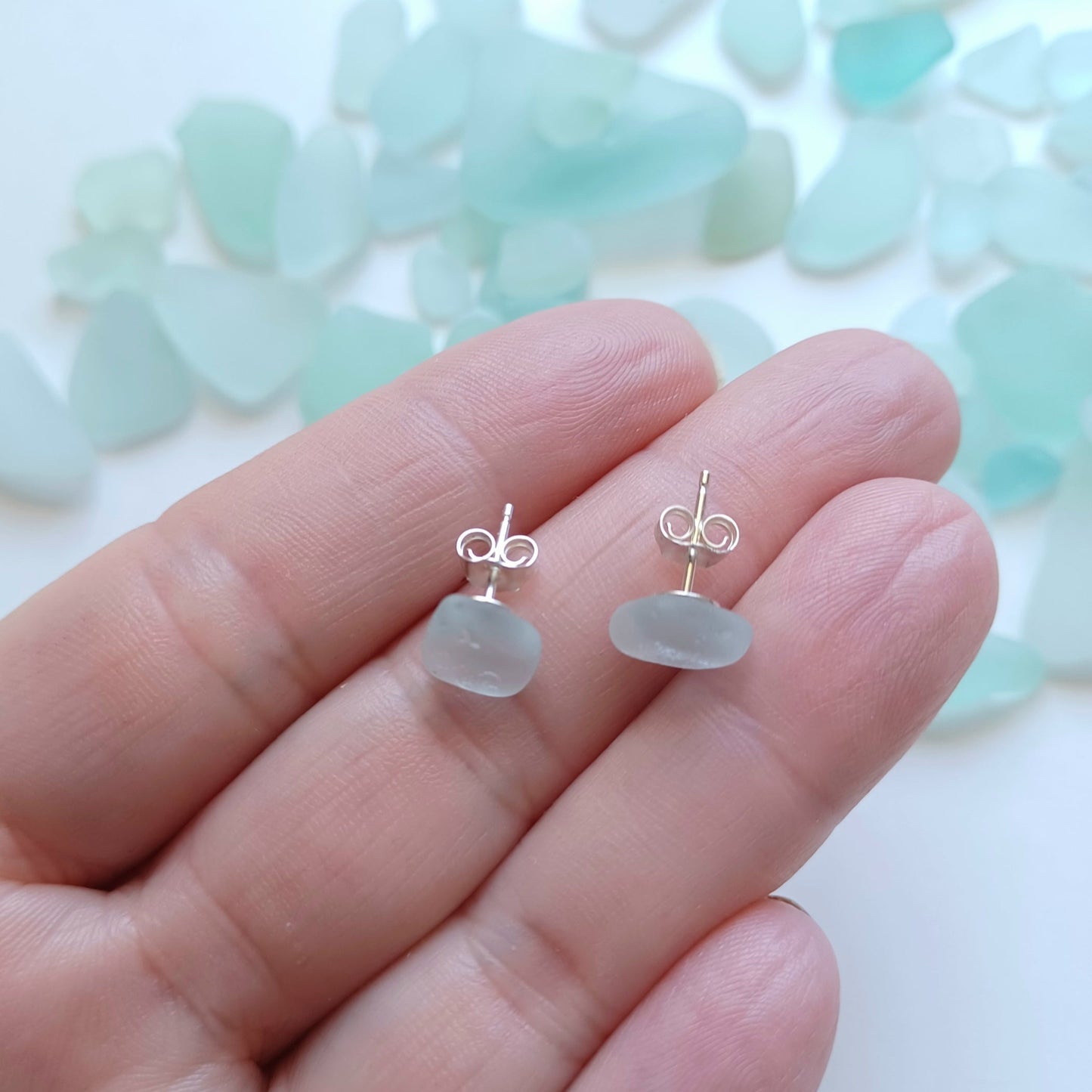 Sea foam sea glass silver earring studs.