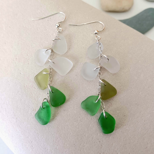 White and Green Sea Glass Cascade Earrings.