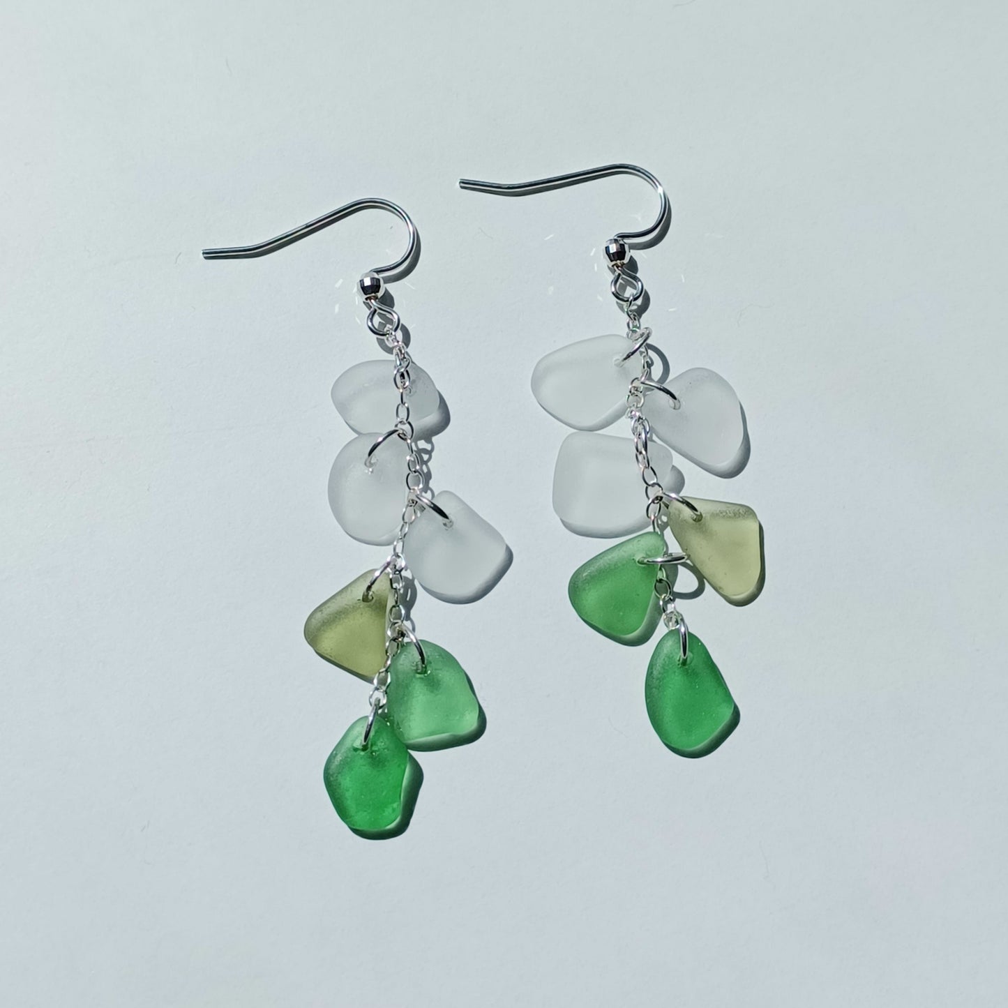White and Green Sea Glass Cascade Earrings.