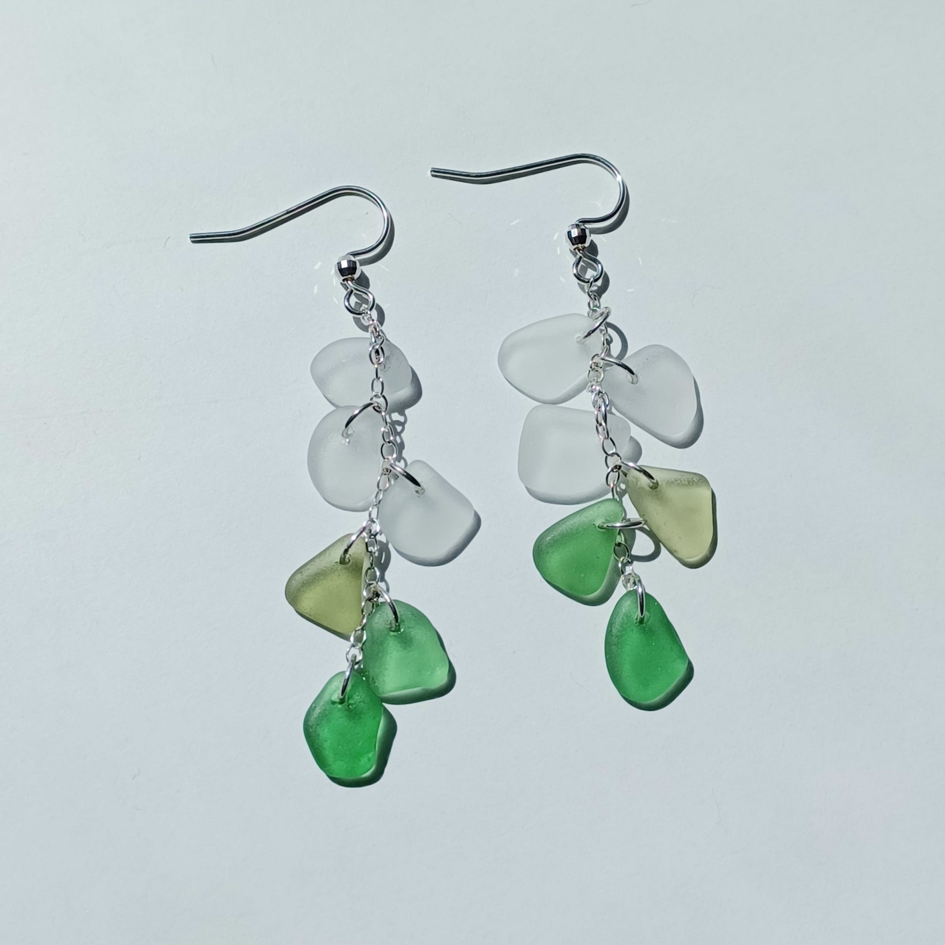 White and Green Sea Glass Cascade Earrings.